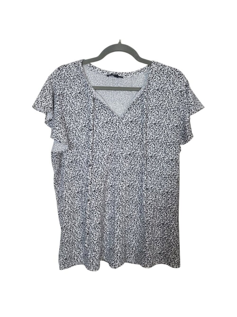 Adrianna Papell White & Black Ditsy Leaf Print Blouse V-Neck Micro Pleated Sz Lg